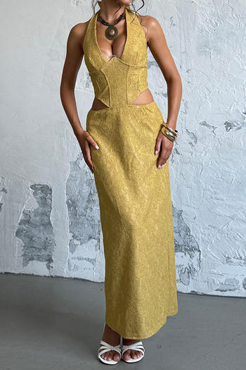 sexy slight stretch halter neck deep v-neck hollow slit maxi dress