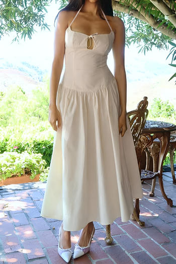 casual non-stretch solid color halter neck loose pleated backless midi dress