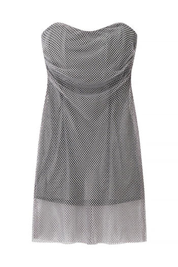 sexy slight stretch tube design rhinestone decor fishnet mini dress