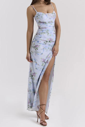 sexy slight stretch flower batch printing sling high slit maxi dress