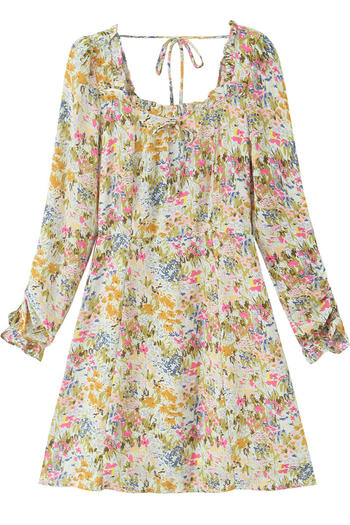 casual non-stretch floral batch printing lace-up mini dress(size run small)