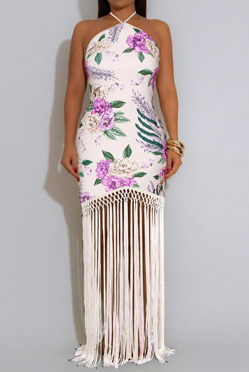 casual plus size slight stretch halter neck batch printing tassel maxi dress #1