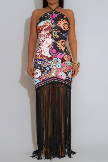 casual plus size slight stretch halter neck batch printing tassel maxi dress #2