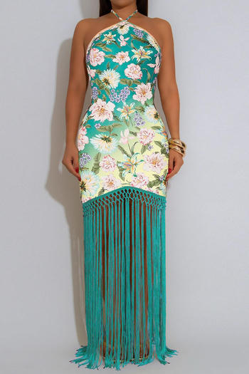 casual plus size slight stretch halter neck batch printing tassel maxi dress #3
