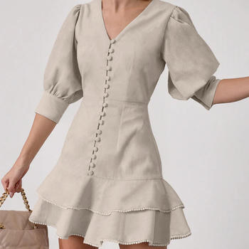 casual non-stretch v-neck solid color button mini dress