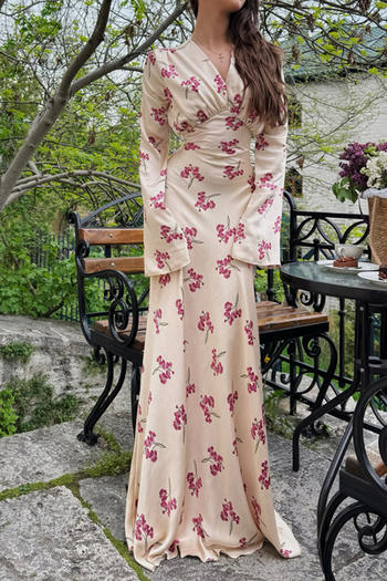 casual non-stretch floral batch printing shirring v-neck maxi dress