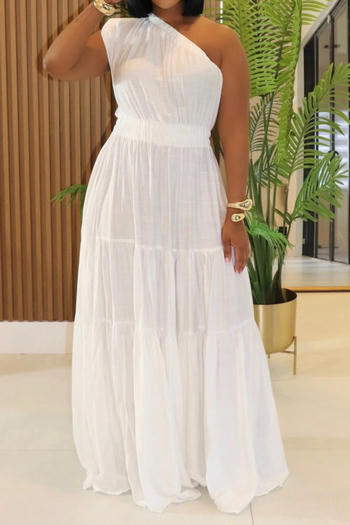 casual plus size non-stretch solid color one-shoulder pleated loose maxi dress