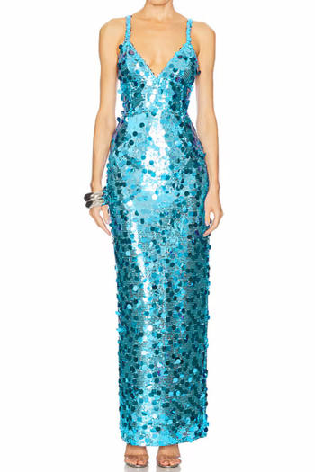 elegant non-stretch solid color sling sequins zip-up slit maxi evening dress