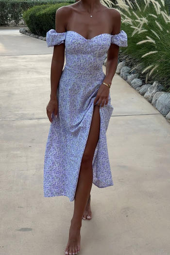 sexy non-stretch off shoulder floral batch printing backless midi dress