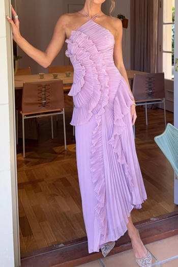 sexy non-stretch chiffon halter-neck pleated ruffle decor maxi dress