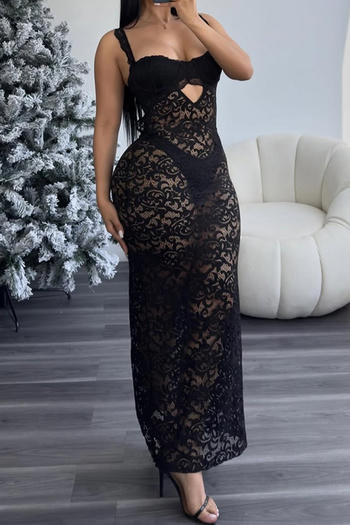 sexy slight stretch see-through lace cutout sling maxi dress