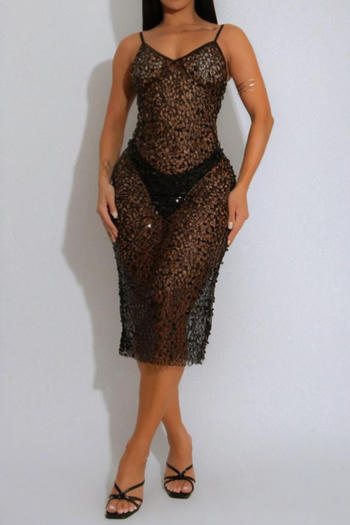 sexy plus size slight stretch sling see-through sequins midi dress with briefs