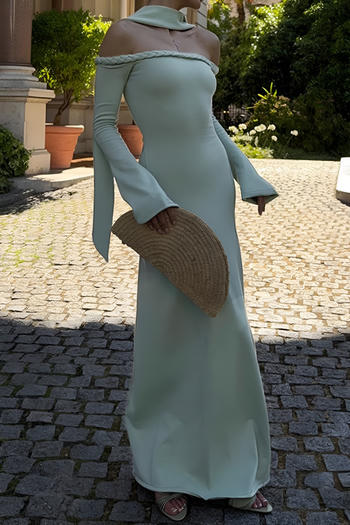 casual slight stretch simple solid color off-shoulder maxi dress with ribbon