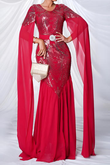elegant slight stretch sequin decor padded long sleeve ribbon maxi dress