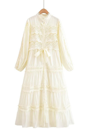 casual non-stretch crew neck lace trim long sleeve maxi dress
