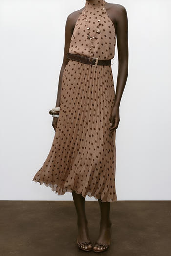 sexy non-stretch chiffon dot batch printing halter-neck with belt midi dress