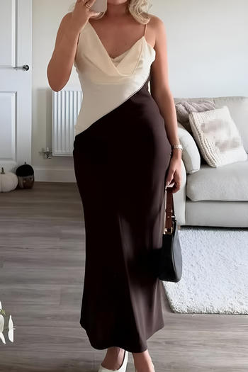 sexy non-stretch contrast color sling zip-up maxi dress