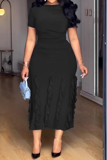 casual plus size slight stretch solid color slim fit ruffles decor midi dress