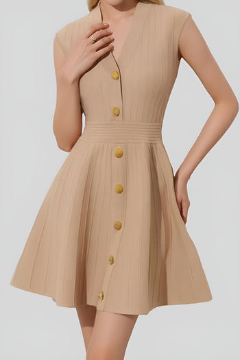 stylish slight stretch knitted solid colour v-neck button mini dress