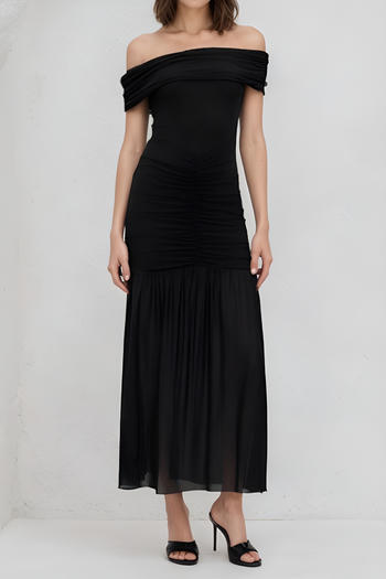 xs-l stylish slight stretch mesh stitching off shoulder maxi dress
