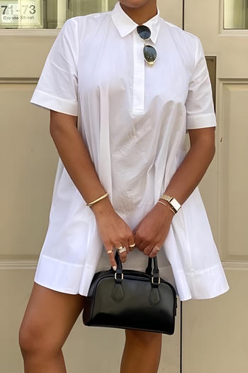 casual non-stretch pure cotton short sleeve loose mini shirt dress