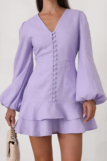 stylish non-stretch pure cotton v-neck single-breasted mini dress