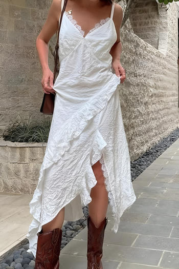 stylish non-stretch lace-stitching backless sling ruffle midi dress