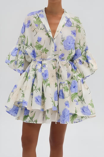 stylish non-stretch tatting floral print three-quarter sleeves mini dress & belt