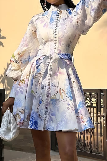 stylish french non-stretch tatting floral print with belt mini dress