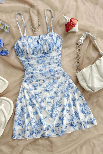casual slight stretch sling mesh floral prints pleated mini dress