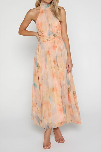 casual plus size non-stretch high collar halter neck backless print maxi dress