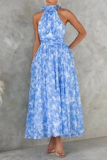 casual plus size non-stretch high collar halter neck backless print maxi dress#1