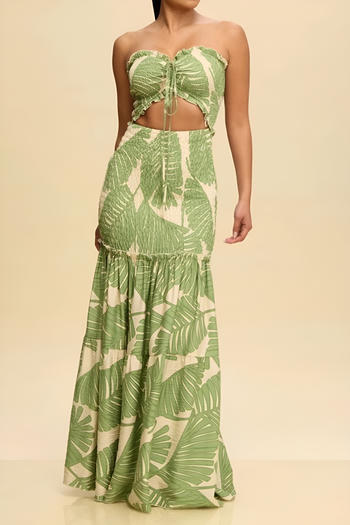 casual plus size slight stretch tube top leaf print hollow shirring maxi dress