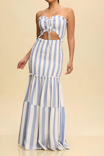 casual plus size slight stretch tube top stripe print hollow shirring maxi dress