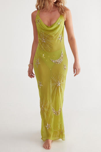 sexy slight stretch see-through mesh sequins star moon decor maxi dress