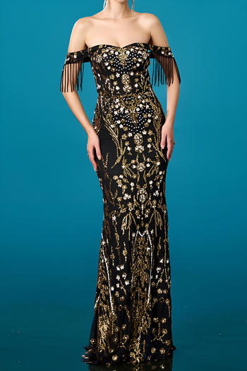 elegant slight stretch sequin tassel decor padded off shoulder maxi dress