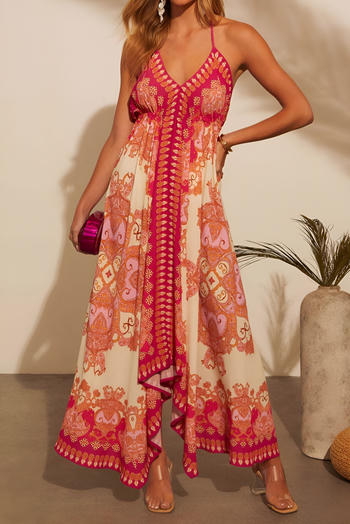 stylish bohemian style slight stretch graphic print halter-neck maxi dress#1#