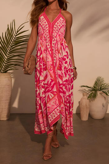stylish bohemian style slight stretch graphic print halter-neck maxi dress#3#