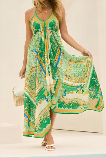 stylish bohemian style slight stretch graphic print halter-neck maxi dress#2#