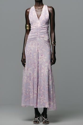 stylish slight stretch mesh floral printing v-neck maxi dress(size run small)