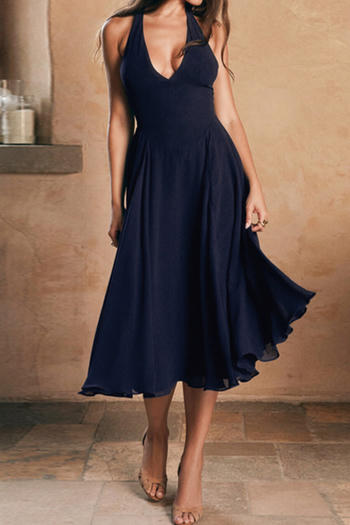 sexy slight stretch mesh halter-neck solid color midi dress