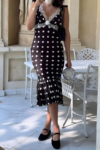 sexy slight stretch lace trim v-neck dot batch printing midi dress