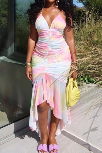 casual slight stretch halter neck backless slim pleated tie-dye print maxi dress