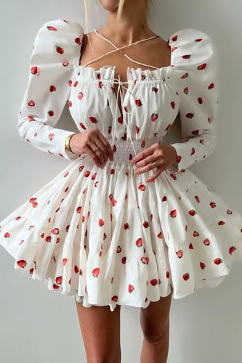 casual non-stretch strawberry print puff sleeve square neck mini dress