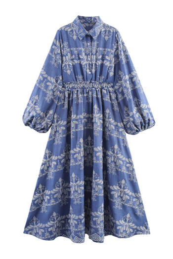 casual non-stretch lapel flower embroidery button maxi dress