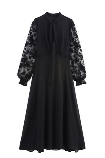 casual non-stretch stitching lace crew neck lace-up midi dress