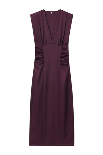 casual slight stretch solid color v-neck shirring midi dress