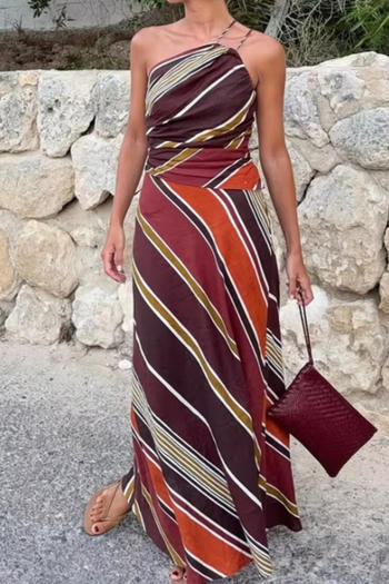 casual non-stretch multicolor printing one shoulder maxi dress