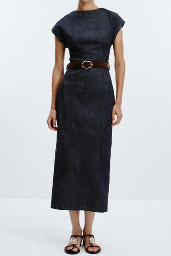 casual non-stretch denim crew neck with belt slit midi dress
