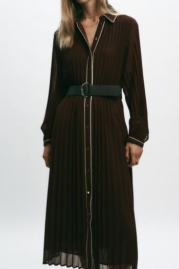 casual non-stretch contrast color lapel with belt pleated midi dress